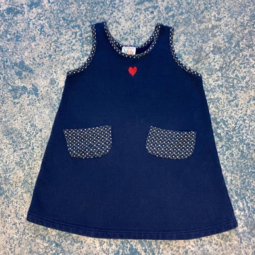 Talbots Kids, Vintage Tunic Overall Dress Navy Blue Front Pockets Heart Print XS